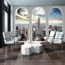 Eine Fototapete mit einer 3D-Ansicht von New York City und dem Empire State Building, perfekt für ein Wohnzimmer.