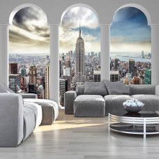 Eine Fototapete mit dem Empire State Building und Säulen in einem 3D-Design, ideal für ein Wohnzimmer.