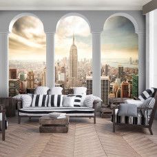 Eine Fototapete mit einer 3D-Ansicht der New Yorker Skyline, perfekt für ein Wohnzimmer.