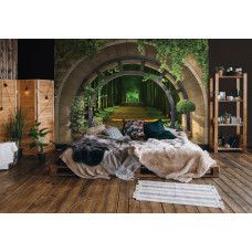 Eine Fototapete mit 3D-Darstellung eines waldreichen Weges, ideal für ein ruhiges Schlafzimmer.