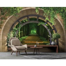 Eine Fototapete mit 3D-Blick auf einen Waldweg mit Bäumen, ideal für ein Wohnzimmer.