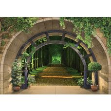 Fototapete von einem 3D-Blick auf einen Weg durch den Wald, mit Bäumen in einer beruhigenden Umgebung.