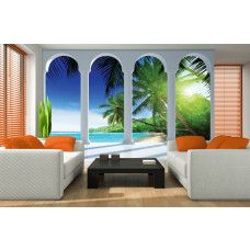 Eine Fototapete mit einer tropischen Landschaft mit Palmen und Meer, perfekt für ein Wohnzimmer.