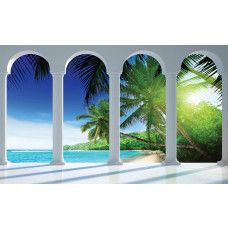 Fototapete von einem 3D-Blick auf Palmen und Strand mit Säulen, für eine tropische Atmosphäre.