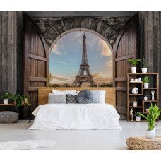 Eine Fototapete mit einer 3D-Ansicht des Eiffelturms, perfekt für ein Schlafzimmer.