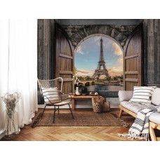 Eine Fototapete mit dem Eiffelturm in einer 3D-Komposition, gedruckt auf Vliestapete, geeignet für ein Wohnzimmer.