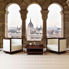 Eine Fototapete mit 3D-Blick auf das Parlamentsgebäude von Budapest, bedruckt als Wohnzimmer-Tapete.