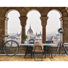 Eine Fototapete mit 3D-Blick auf das Parlamentsgebäude von Budapest, passend für ein Büro.