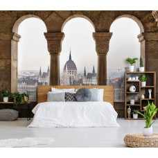 Eine Fototapete mit 3D-Blick auf das Parlamentsgebäude von Budapest, perfekt für ein Schlafzimmer.