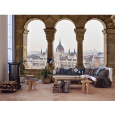Eine Fototapete mit 3D-Blick auf das Parlamentsgebäude von Budapest, passend für ein Wohnzimmer.