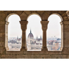 Fototapete von einem 3D-Blick auf das Parlamentsgebäude von Budapest mit Säulen.