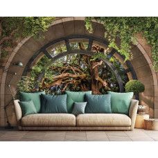 Eine Fototapete mit einem Märchenbaum, gedruckt auf Vliestapete, geeignet für ein Wohnzimmer.