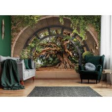 Eine Fototapete mit einer 3D-Ansicht eines Märchenbaums, perfekt für ein Wohnzimmer.