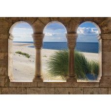 Fototapete mit einer 3D-Ansicht eines Strandes, Dünen und dem Meer, mit einer entspannenden Atmosphäre...