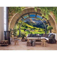 Eine Fototapete mit 3D-Blick auf Tirol mit Bergen und einer wunderschönen Landschaft, ideal für ein Wohnzimmer.