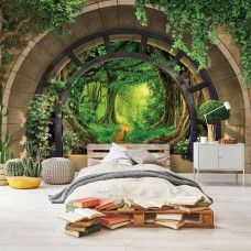 Eine Fototapete mit einer tropischen Waldlandschaft, ideal für ein Schlafzimmer.