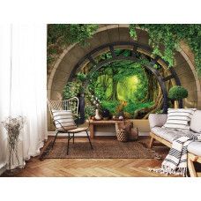 Eine Fototapete mit einer Regenwaldlandschaft im tropischen Stil, geeignet für ein Wohnzimmer.