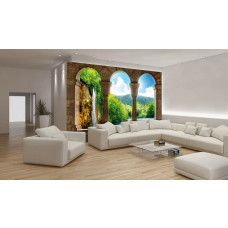 Eine Fototapete mit 3D-Blick auf eine Wasserfall-Landschaft, geeignet für ein Wohnzimmer.