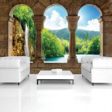 Eine Fototapete mit einer Wasserfall-Landschaft, passend für ein Büro.