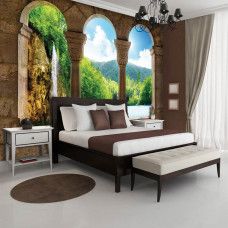 Eine Fototapete mit 3D-Darstellung einer Wasserfall-Landschaft, ideal für ein Schlafzimmer.