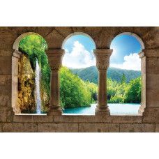 Eine Fototapete mit 3D-Blick auf einen Wasserfall, mit einer ruhigen Landschaftsdarstellung.