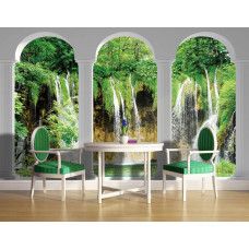 Eine Fototapete mit einer 3D-Ansicht von Wasserfällen mit Säulen, perfekt für ein Esszimmer.