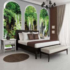 Eine Fototapete mit einer 3D-Ansicht von Wasserfällen und Säulen, geeignet für ein Schlafzimmer.