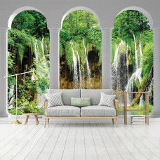 Eine Fototapete mit Wasserfällen und Säulen in einem 3D-Design, geeignet für ein Wohnzimmer.