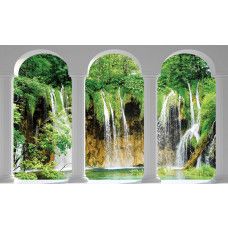 Eine Fototapete mit einer 3D-Ansicht von Wasserfällen mit Säulen, in einer dramatischen Landschaftskulisse.
