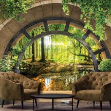 Eine Fototapete mit einer hellen Waldlandschaft, geeignet für einen Geschäftsraum.