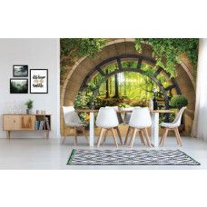 Eine Fototapete mit einem sonnigen Wald auf Vliestapete gedruckt, ideal für eine Küche.