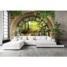 Eine Fototapete mit einer 3D-Ansicht eines sonnigen Waldes auf Vliestapete gedruckt, geeignet für ein Wohnzimmer.