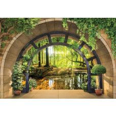 Fototapete mit einer 3D-Ansicht eines sonnigen Waldes, mit einem warmen Look.