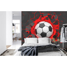 Eine Fototapete mit einer 3D-Darstellung eines Fußballs in einem Schlafzimmer.