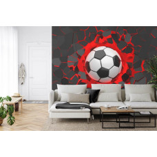 Eine Fototapete mit einer 3D-Darstellung eines Fußballs in einem Wohnzimmer.