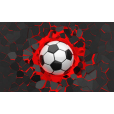 3D-Fototapete mit einer dynamischen Darstellung eines Fußballs, der mit Geschwindigkeit durch die Luft fliegt, hervorgehoben durch grafische Elemente.