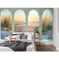 Eine Fototapete mit 3D-Blick auf die Dünen, den Strand und das Meer bei Sonnenuntergang im nahtlosen Design für ein Schlafzimmer.