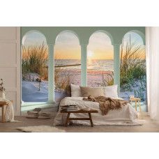 Eine Fototapete mit 3D-Blick auf die Dünen, den Strand und das Meer in einem beruhigenden Schlafzimmer.