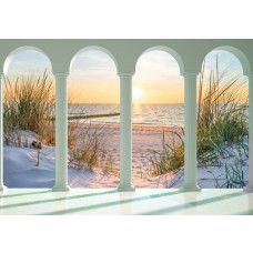 Fototapete mit 3D-Blick auf die Dünen, den Strand und das Meer bei Sonnenuntergang.