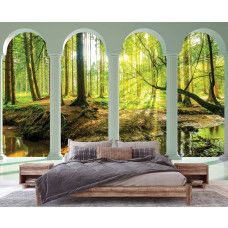 Eine Fototapete mit 3D-Ansicht eines sonnigen Waldes mit Säulen in nahtloser Tapete für ein Schlafzimmer.