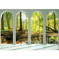 Fototapete einer 3D-Ansicht eines sonnigen Waldes, mit großen Säulen und Natur.