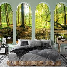 Eine Fototapete mit 3D-Ansicht eines sonnigen Waldes in Vliestapetenstil für ein Schlafzimmer...