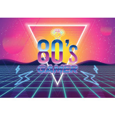 Retro-80er-Gaming-Stil mit bunten Arcade-Elementen und Neon-Akzenten, perfekt für nostalgische Gamer.