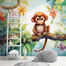 Eine Fototapete mit einem Affen in der Wildnis auf einem Dschungelzweig in einem Babyzimmer.