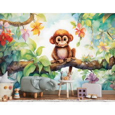 Eine Fototapete mit einem Affen in der Wildnis auf einem Dschungelzweig in einem Jungenzimmer.