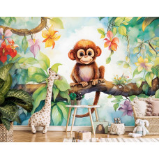 Eine Fototapete mit einem Affen in der Wildnis auf einem Dschungelzweig in einem Kinderzimmer.