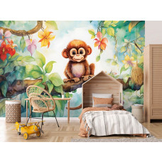 Eine Fototapete mit einem Affen in der Wildnis auf einem Dschungelzweig in einem Mädchenzimmer.
