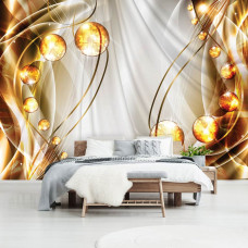 Eine Fototapete mit abstrakter Bernsteinkunst und Gold- und Silberakzenten für das Schlafzimmer.