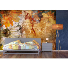 Ein Fototapet von einem abstrakten Blumen-Design in einem Wohnzimmer mit Vliesbehang.