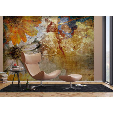 Ein Fototapet von einem abstrakten Blumen-Design in einem Wohnzimmer.